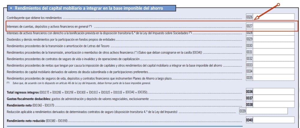 Rellenar casilla 027 para declarar intereses de depósitos y cuentas bancarias